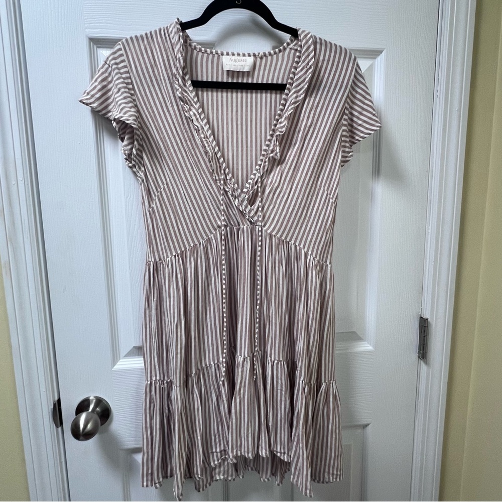 Auguste The Label Wrap Dress Beige and White Stripe Boho Coastal Ruffle Size 6